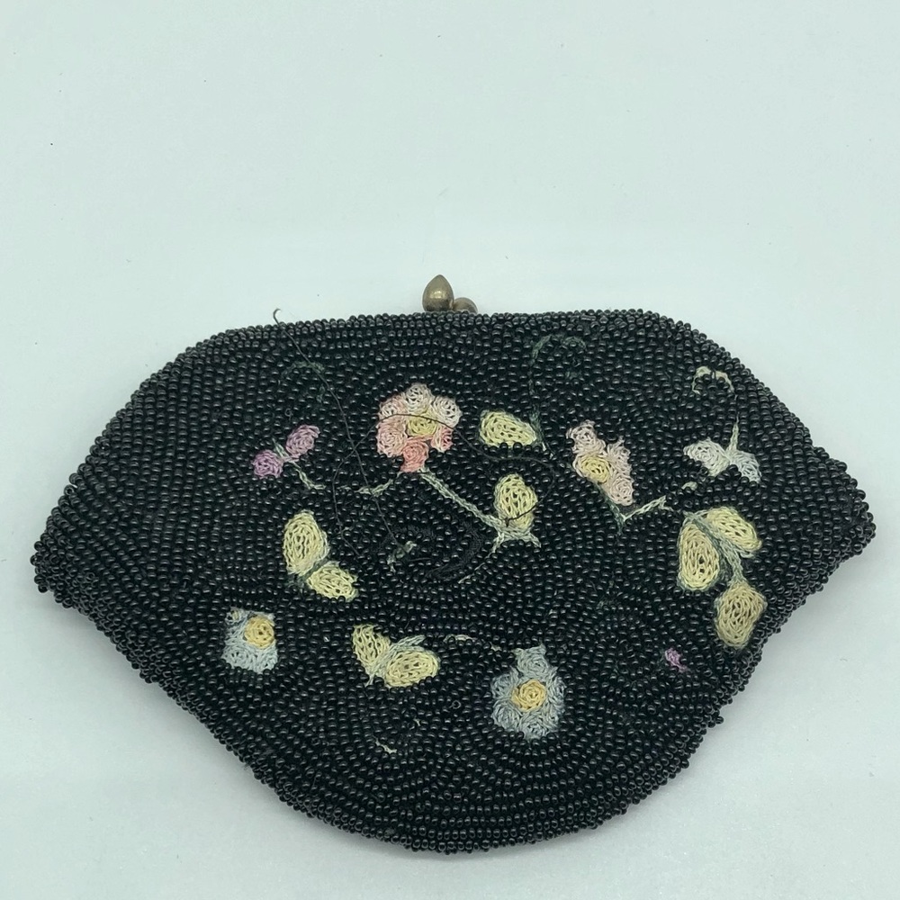Vintage black microbeaded coin purse with hand stitched flowers